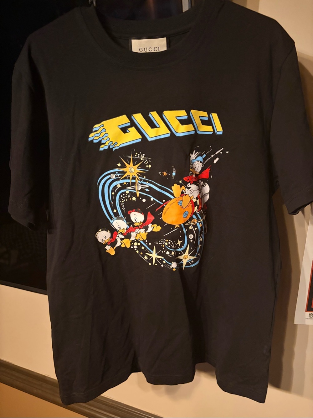 Gucci Black Tee with Yellow GUCCI & Multicolored Disney Space Graphic